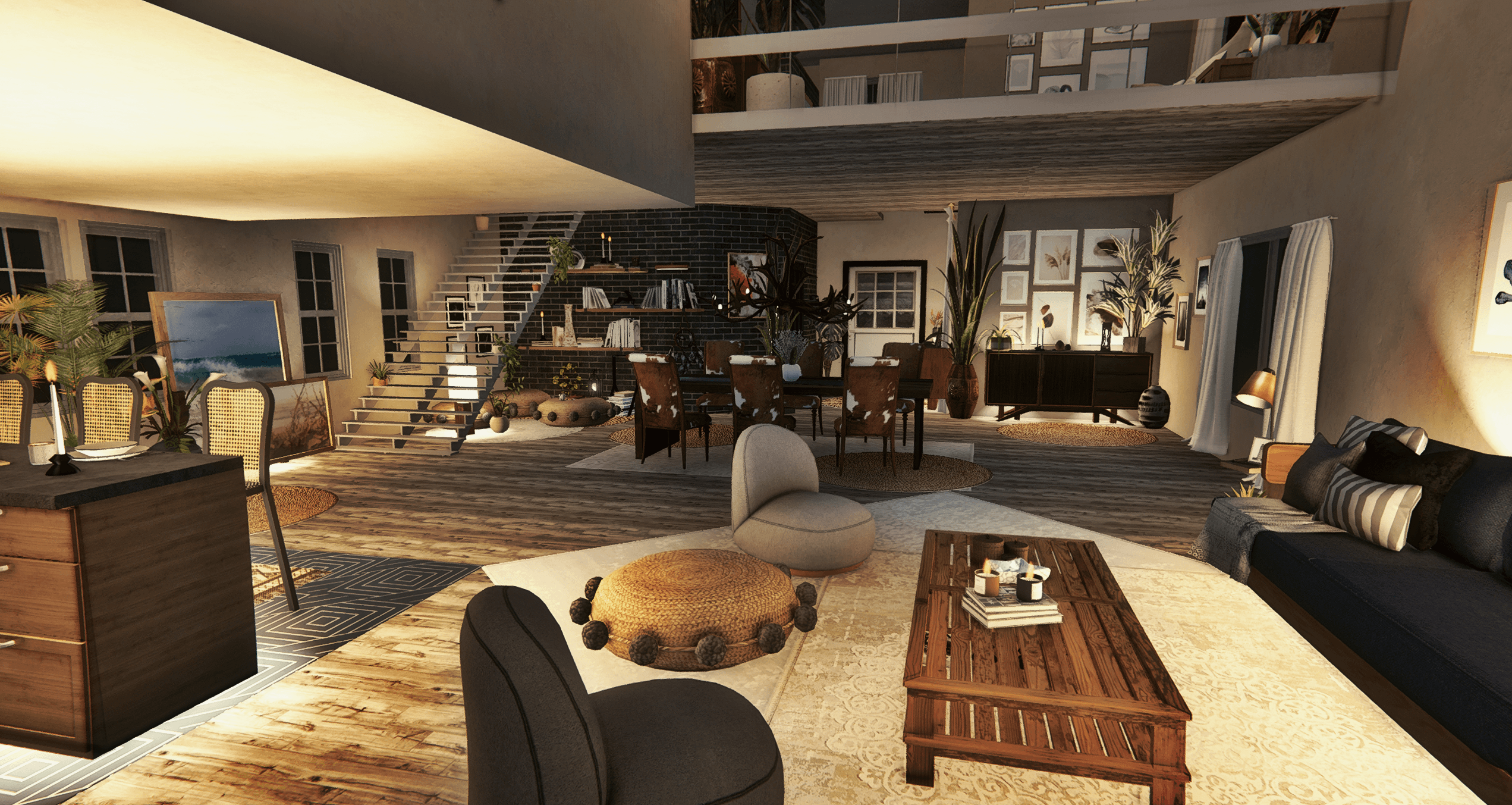 Player furnishing and decorating a custom home interior